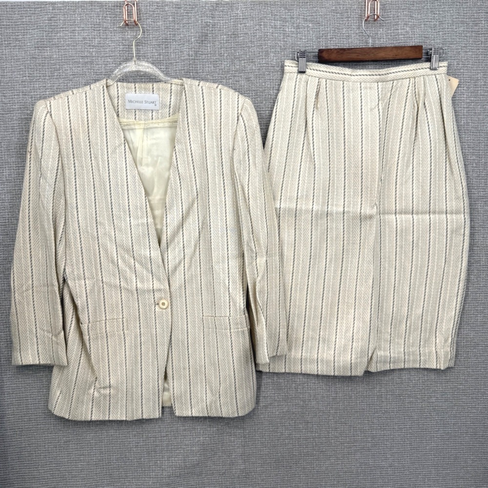 Vtg Michelle Stuart Skirt Suit Set Women 10 Cream Herringbone Office